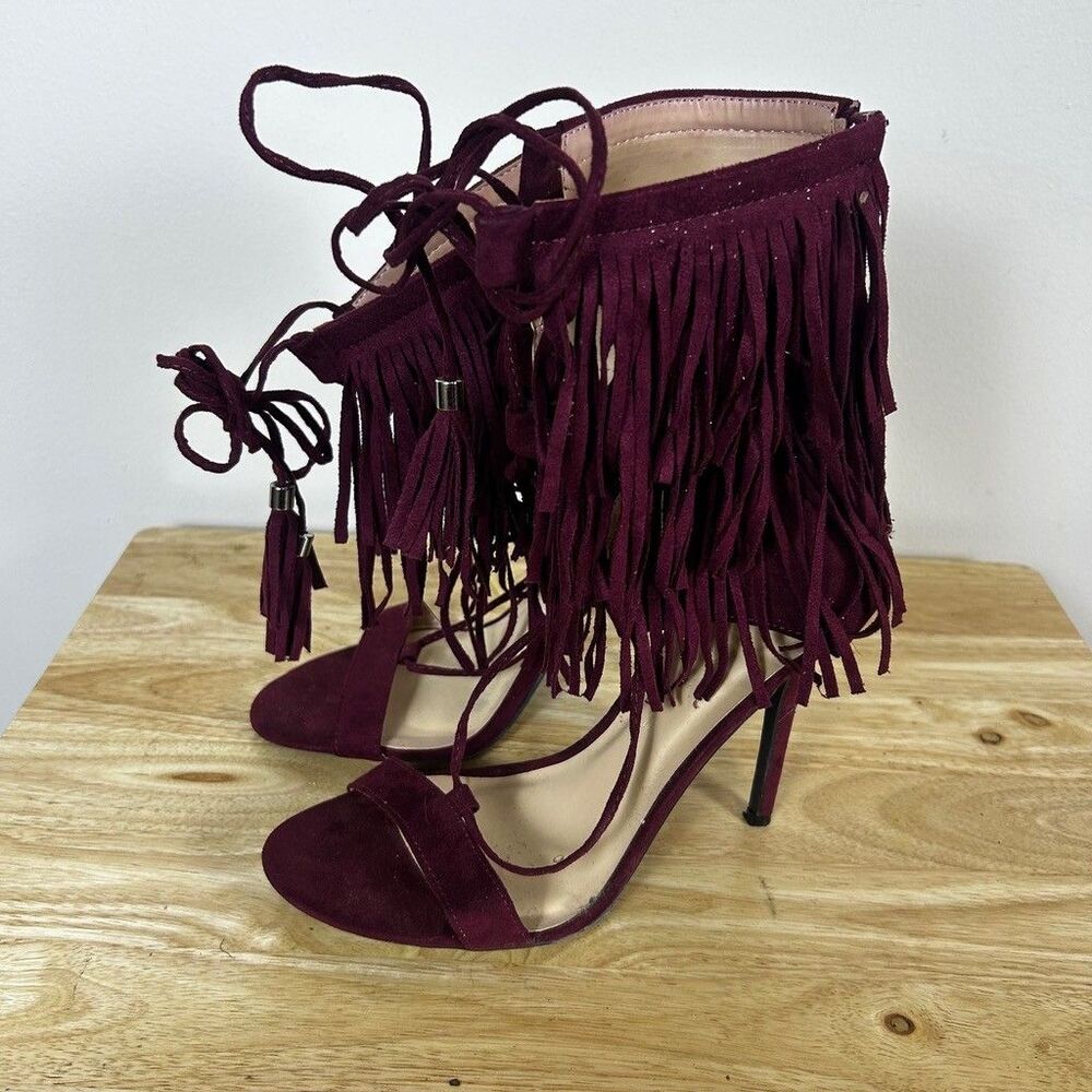 Unbranded Burgundy Faux Suede Fringe Heeled Sandals Womens Size 8 Lace Up Tassel
